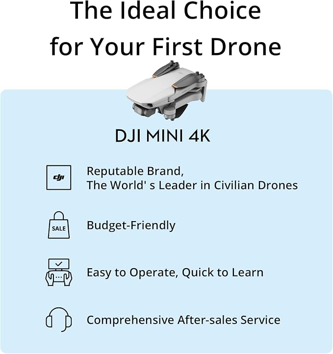 DJI Mini 4K, Drone with 4K UHD Camera for Adults, Under 249 g, 3-Axis Gimbal Stabilization, 10km Video Transmission, Auto Return, Wind Resistance, 1 Battery for 31-Min Max Flight Time, Intelligent Flight