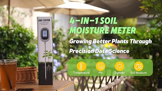 4-in-1 Soil Moisture Meter Digital Plant Temperature/Soil Moisture/PH Meter/Sunlight Intensity Backlight LCD Display Soil Test Meter for Gardening, Farming and Outdoor Plants